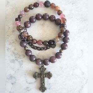 Pair of handmade, beaded bracelets with cross and chain